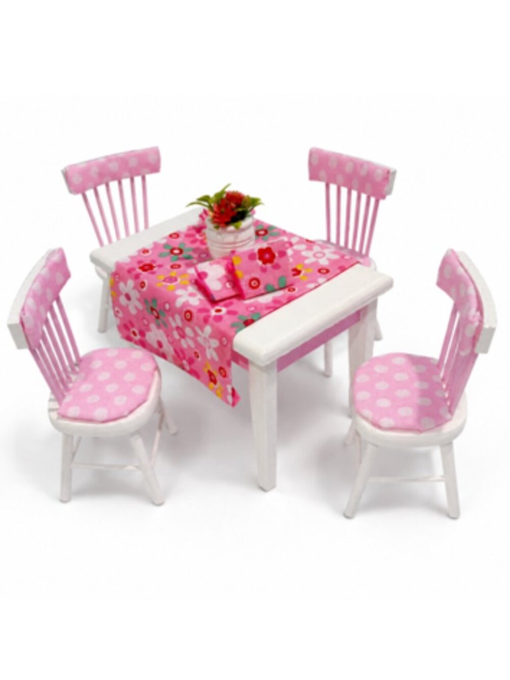 Dollhouse Miniature Dining Table 4 Chairs Pink White Hand Painted Wood Set 1:12 - Picture 2 of 9